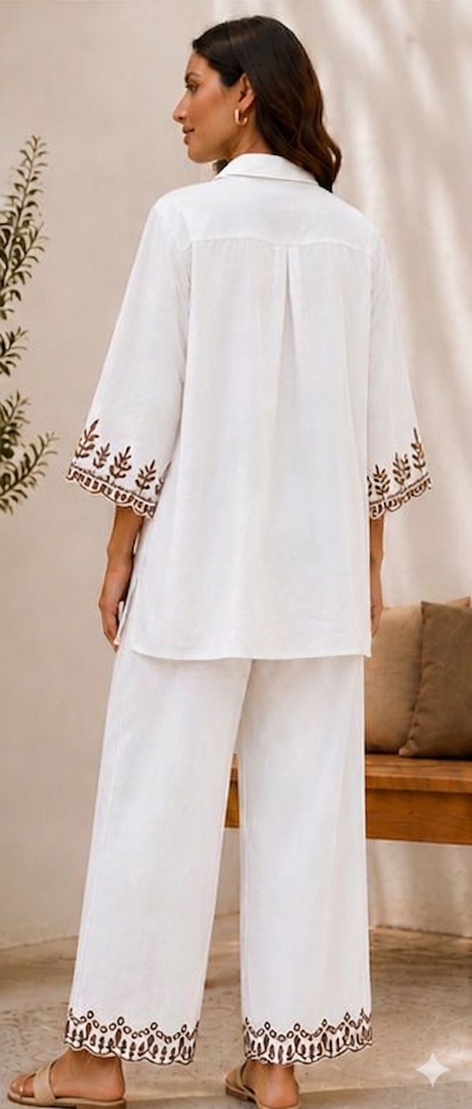 Women Stylish Cotton Co-Ord Set with Embroide Shirt Style Top and Palazzo Pants