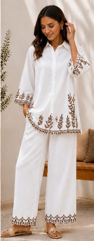 Women Stylish Cotton Co-Ord Set with Embroide Shirt Style Top and Palazzo Pants