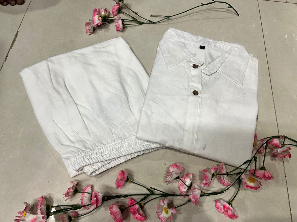 Women Stylish Cotton Co-Ord Set with Embroide Shirt Style Top and Palazzo Pants