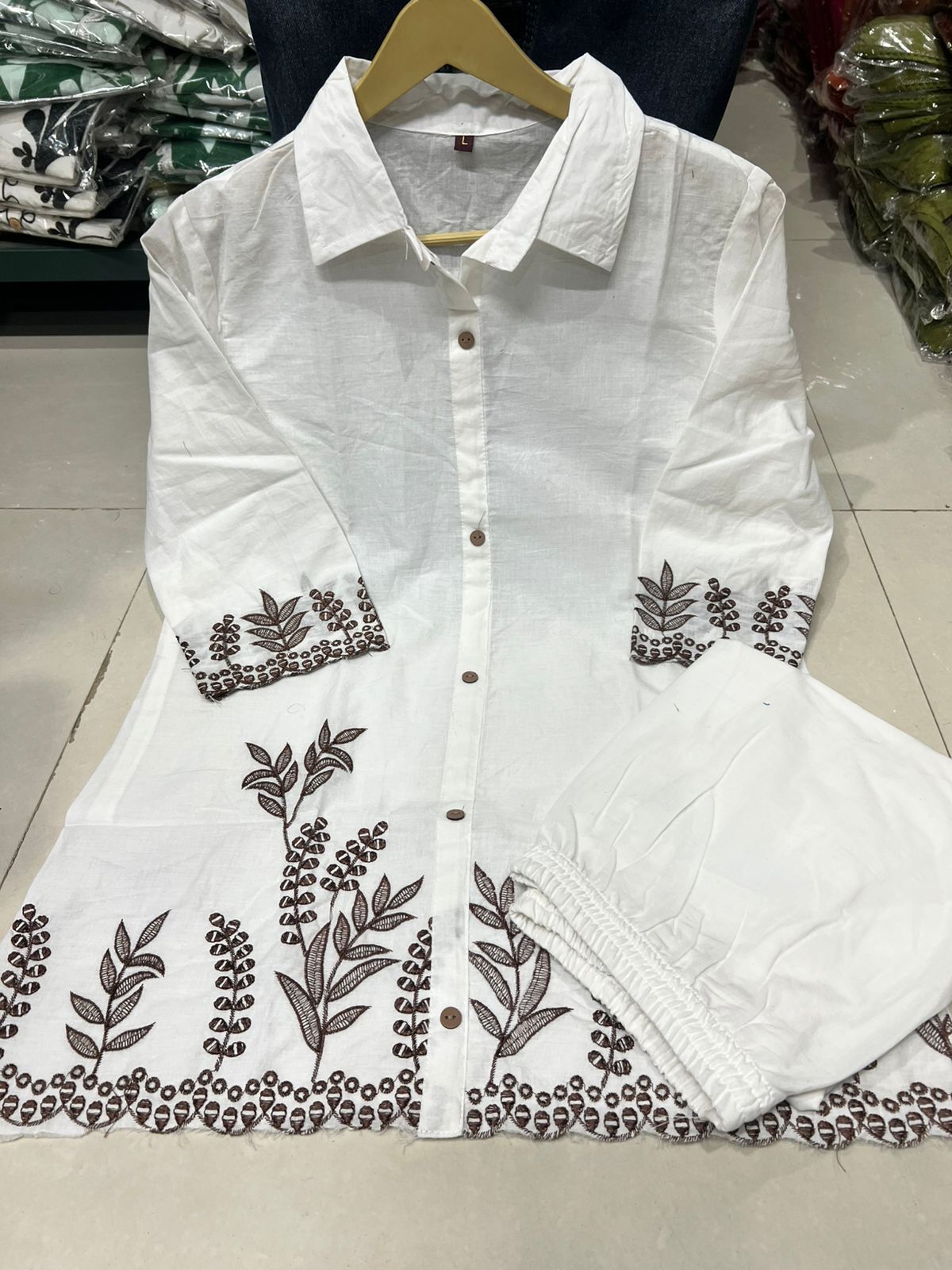 Women Stylish Cotton Co-Ord Set with Embroide Shirt Style Top and Palazzo Pants