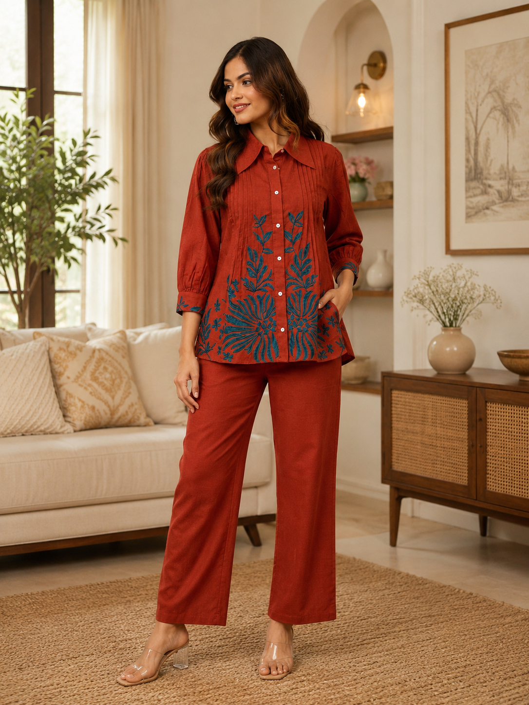 Trending Embroide Cotton Slub Co-Ord Set with Colla Top and Palazzo Pants
