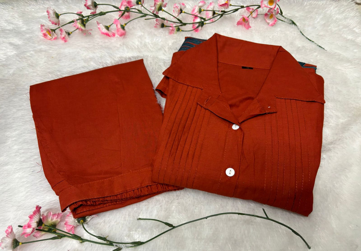 Trending Embroide Cotton Slub Co-Ord Set with Colla Top and Palazzo Pants