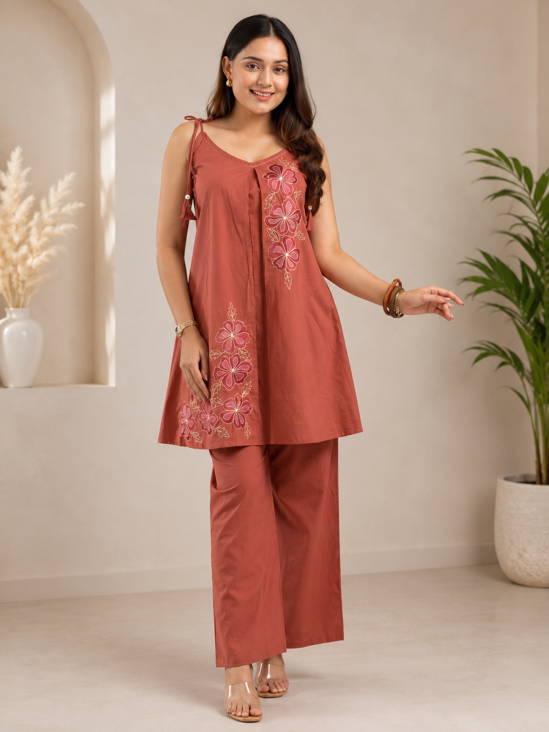 Trending Stylish Cotton 60x60 Embroide A-Line Kurti & Pant Co-Ord Set