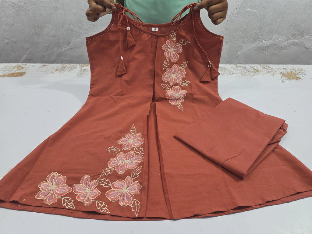 Trending Stylish Cotton 60x60 Embroide A-Line Kurti & Pant Co-Ord Set
