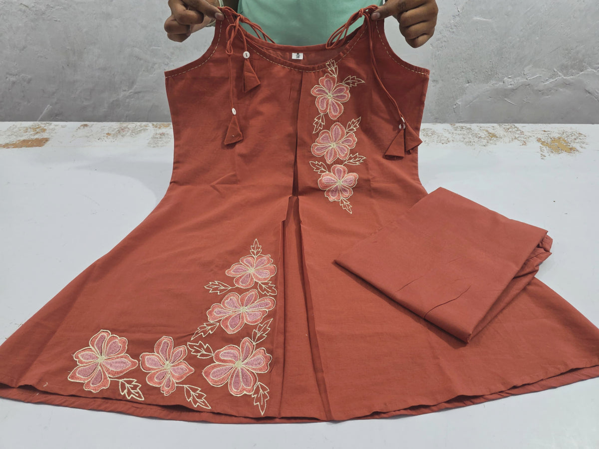 Trending Stylish Cotton 60x60 Embroide A-Line Kurti & Pant Co-Ord Set