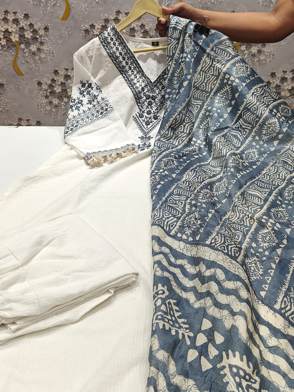 Enchanting Pure Katha Cotton Kurti Set With Exquisite Embroidery & Silk Dupatta