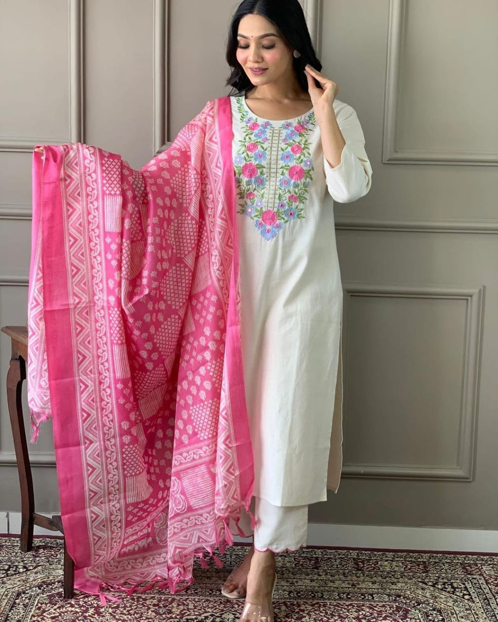 & Timeless Elegance In Pure Handloom Khadi Cotton With Intricate Embroidery & Khadi Silk Dupatta