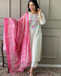 & Timeless Elegance In Pure Handloom Khadi Cotton With Intricate Embroidery & Khadi Silk Dupatta