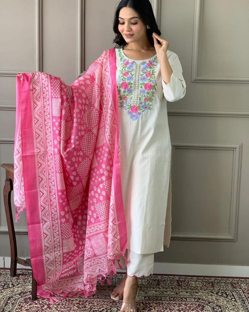 & Timeless Elegance In Pure Handloom Khadi Cotton With Intricate Embroidery & Khadi Silk Dupatta