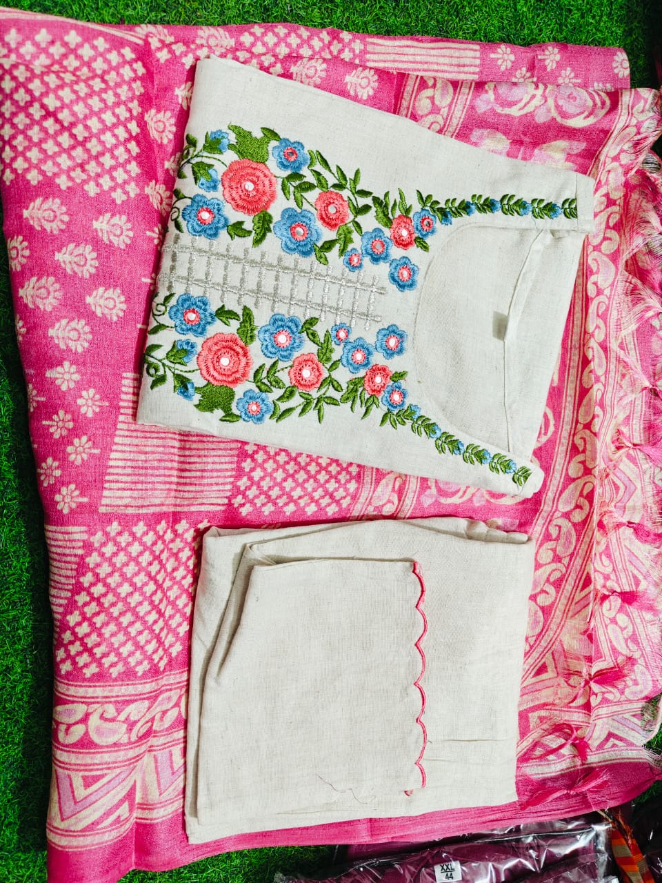 & Timeless Elegance In Pure Handloom Khadi Cotton With Intricate Embroidery & Khadi Silk Dupatta