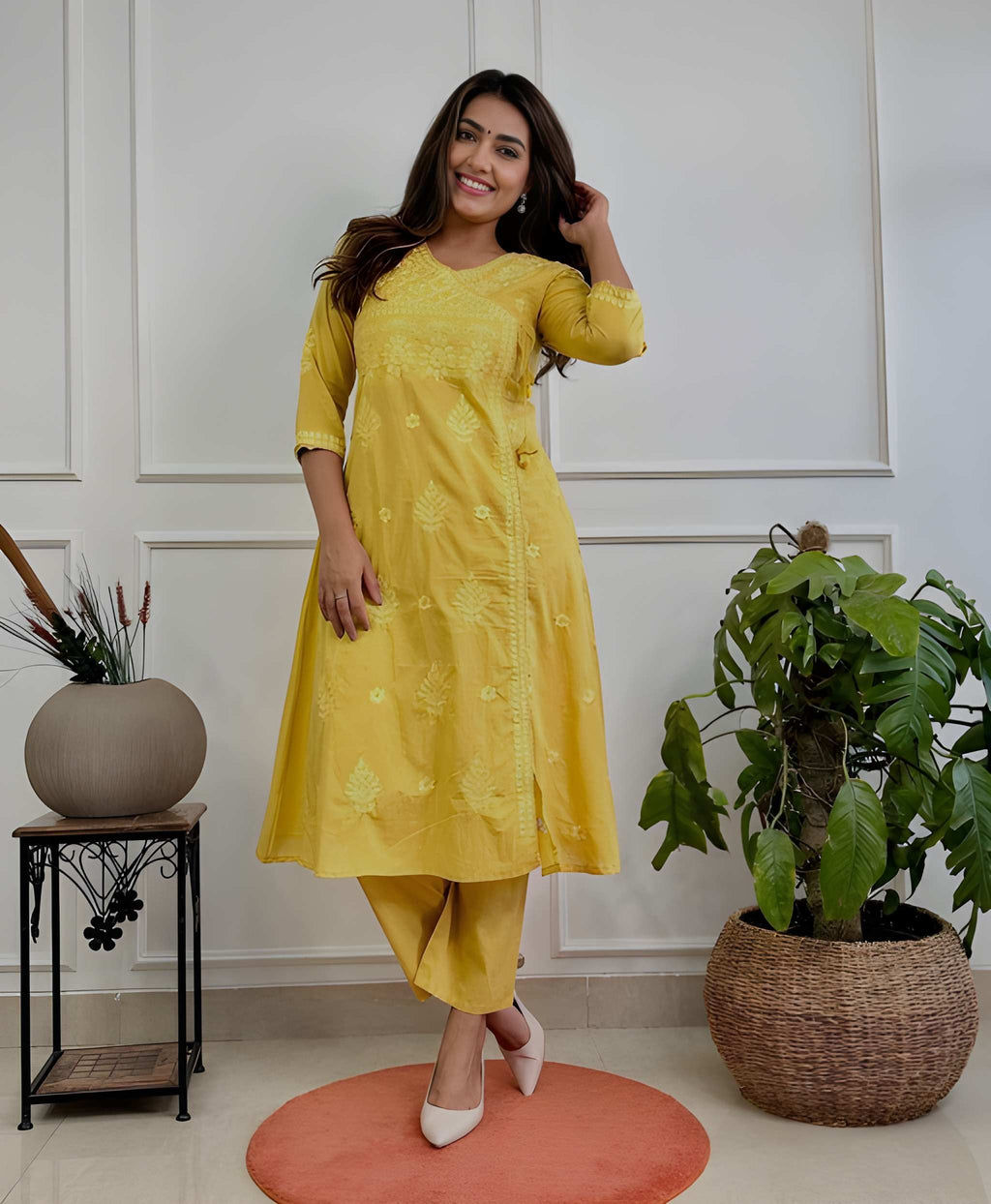 Women Chikankari Cotton Angrakha Kurta Pant Set