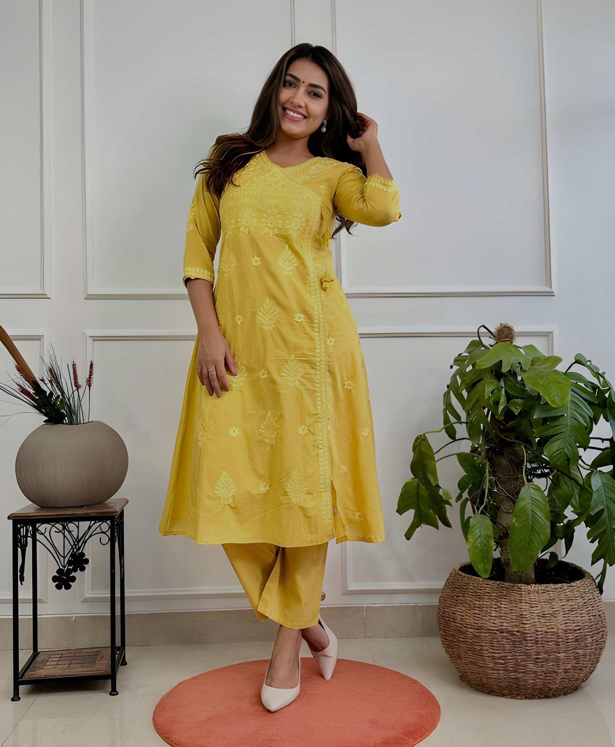 Women Chikankari Cotton Angrakha Kurta Pant Set