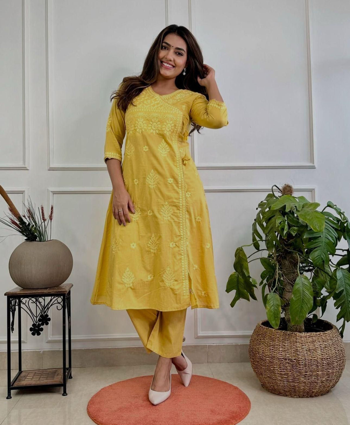 Women Chikankari Cotton Angrakha Kurta Pant Set
