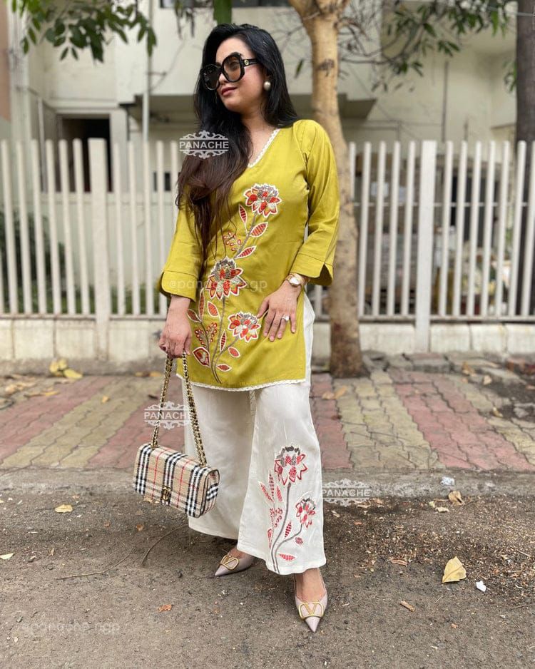 Women Stylish Cotton Slub Kurta Set with Palazzo Floral Embroide Ethnic Co-Ord Set