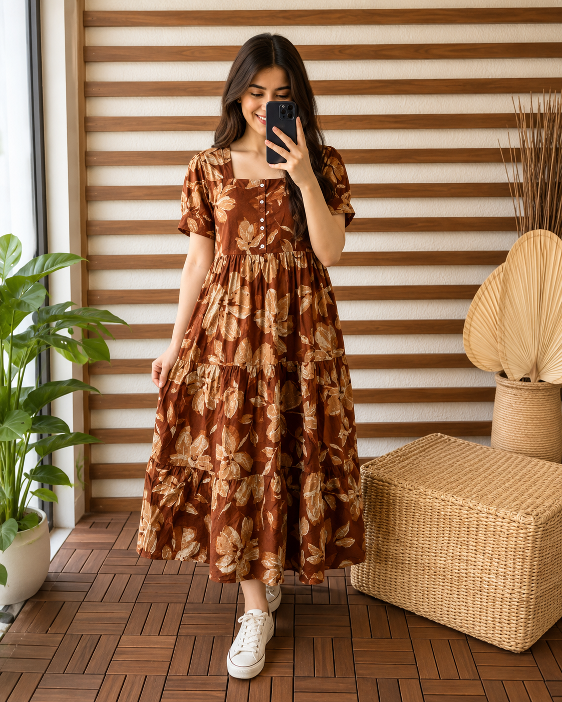 Trending Stylish Cotton Printed Square Neck Midi Dress