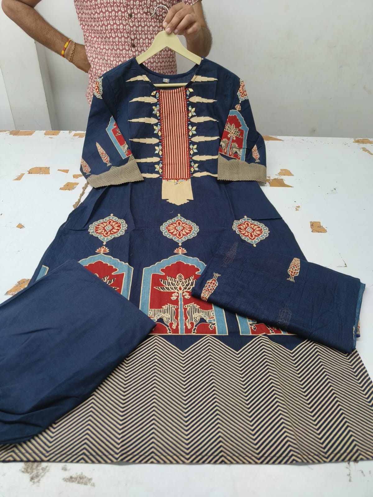 Heavy Cotton Embroidered Kurti Pant Dupatta Set with Discharge Print