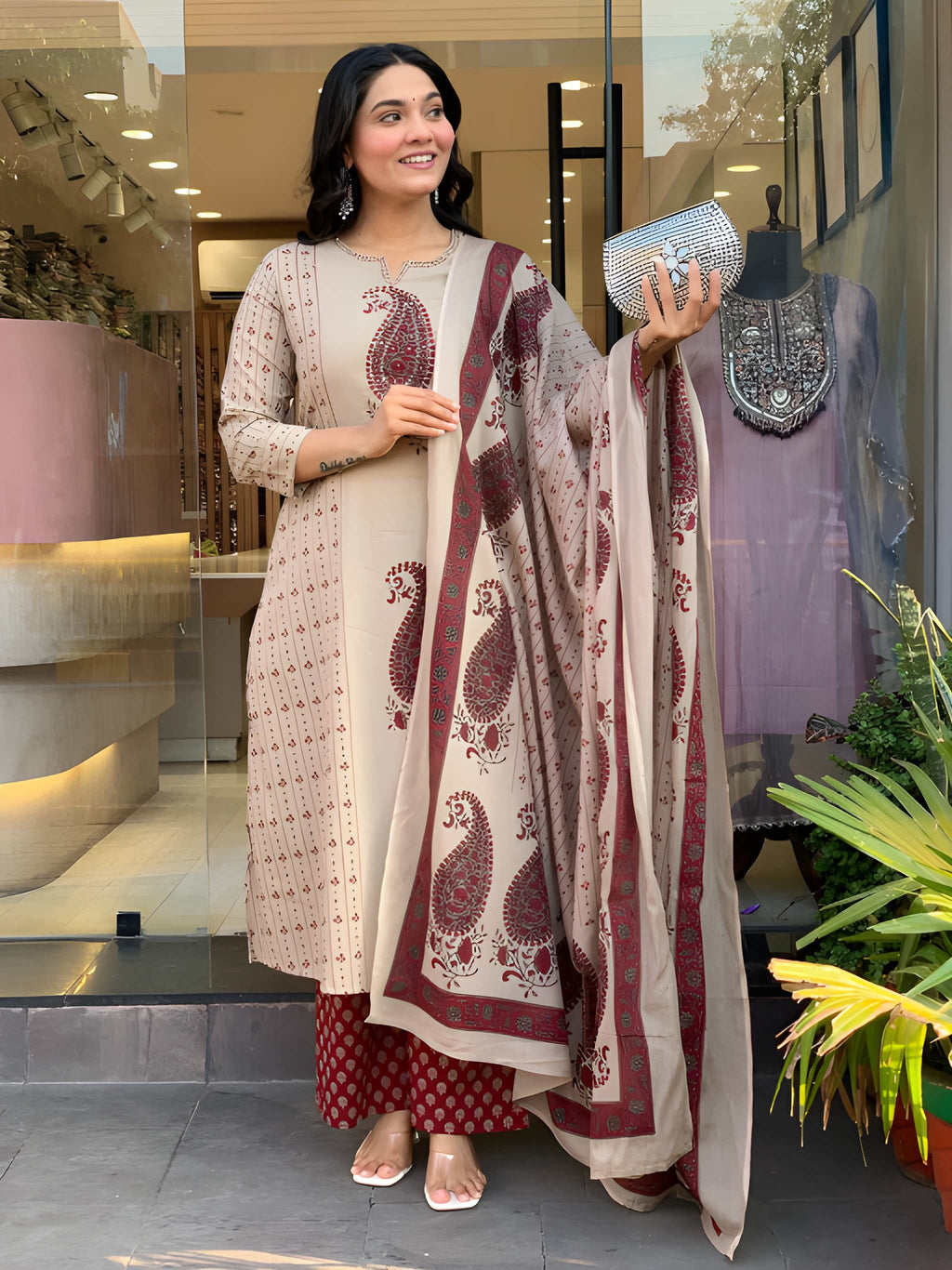 Women Printed Cotton Kurta Pant Dupatta Ethnic Set with Embroidered Detailing