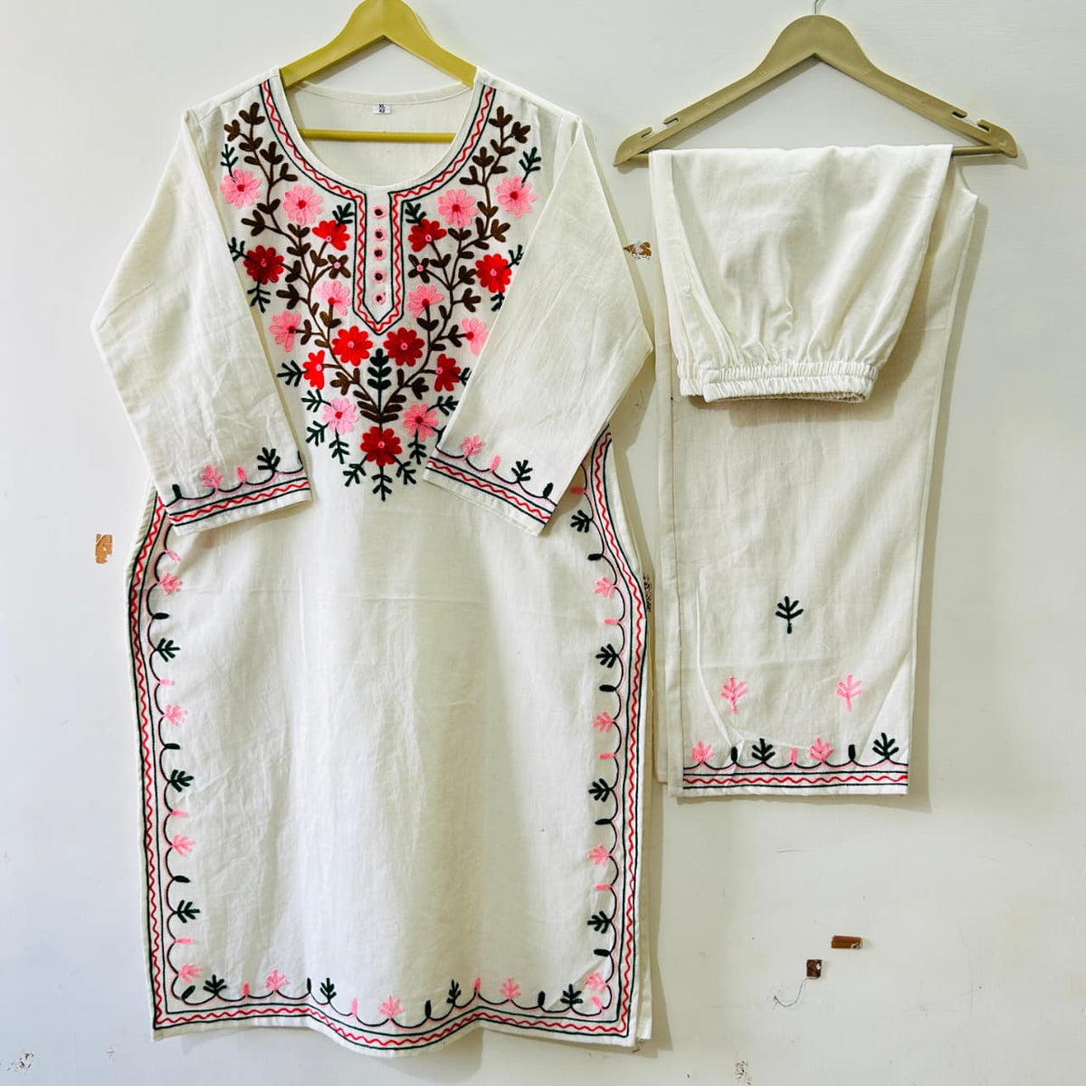 Trending Floral Aari Work Cotton Kurta Pant Set