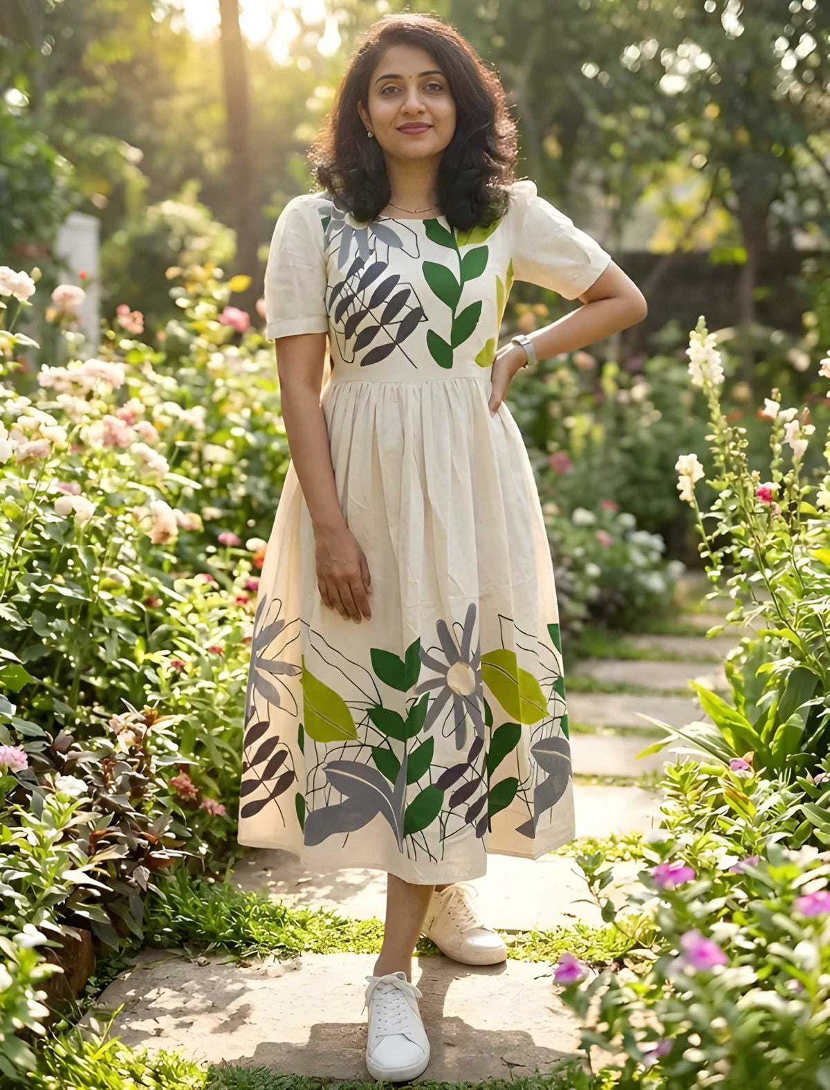 Beautiful Floral Print Cotton Flex Midi Kurti For Women