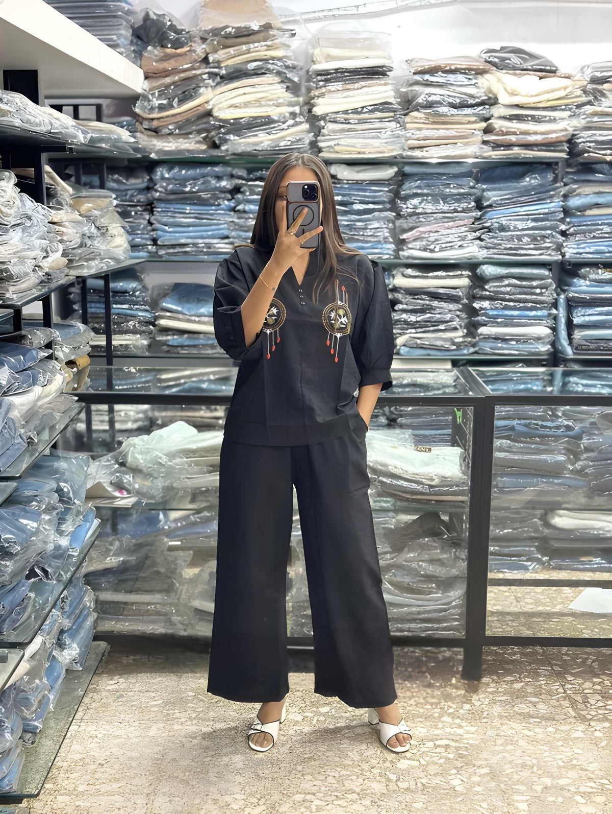Women Embroide Cotton Co Ord Set with Wide Leg Pants