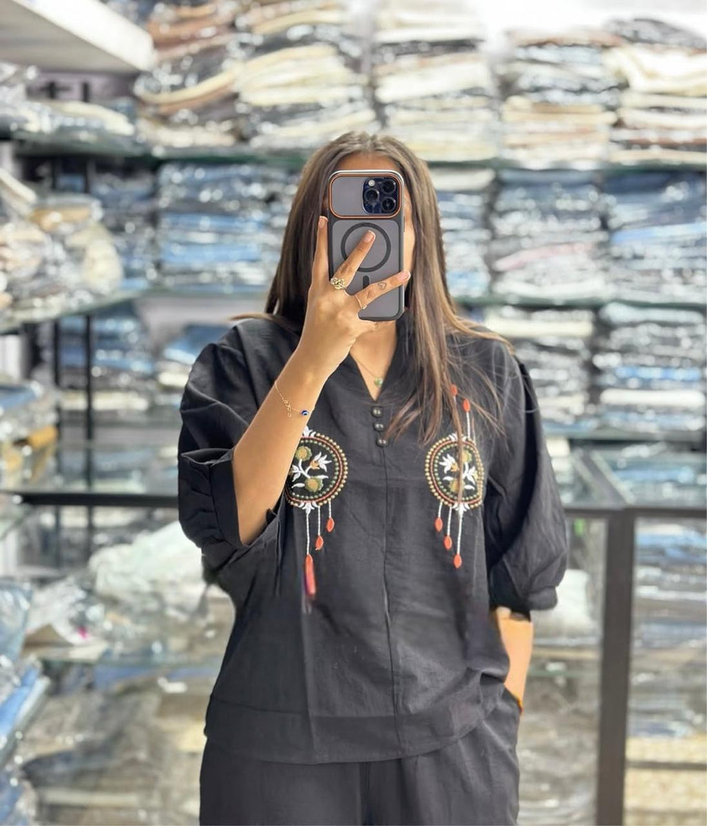 Women Embroide Cotton Co Ord Set with Wide Leg Pants