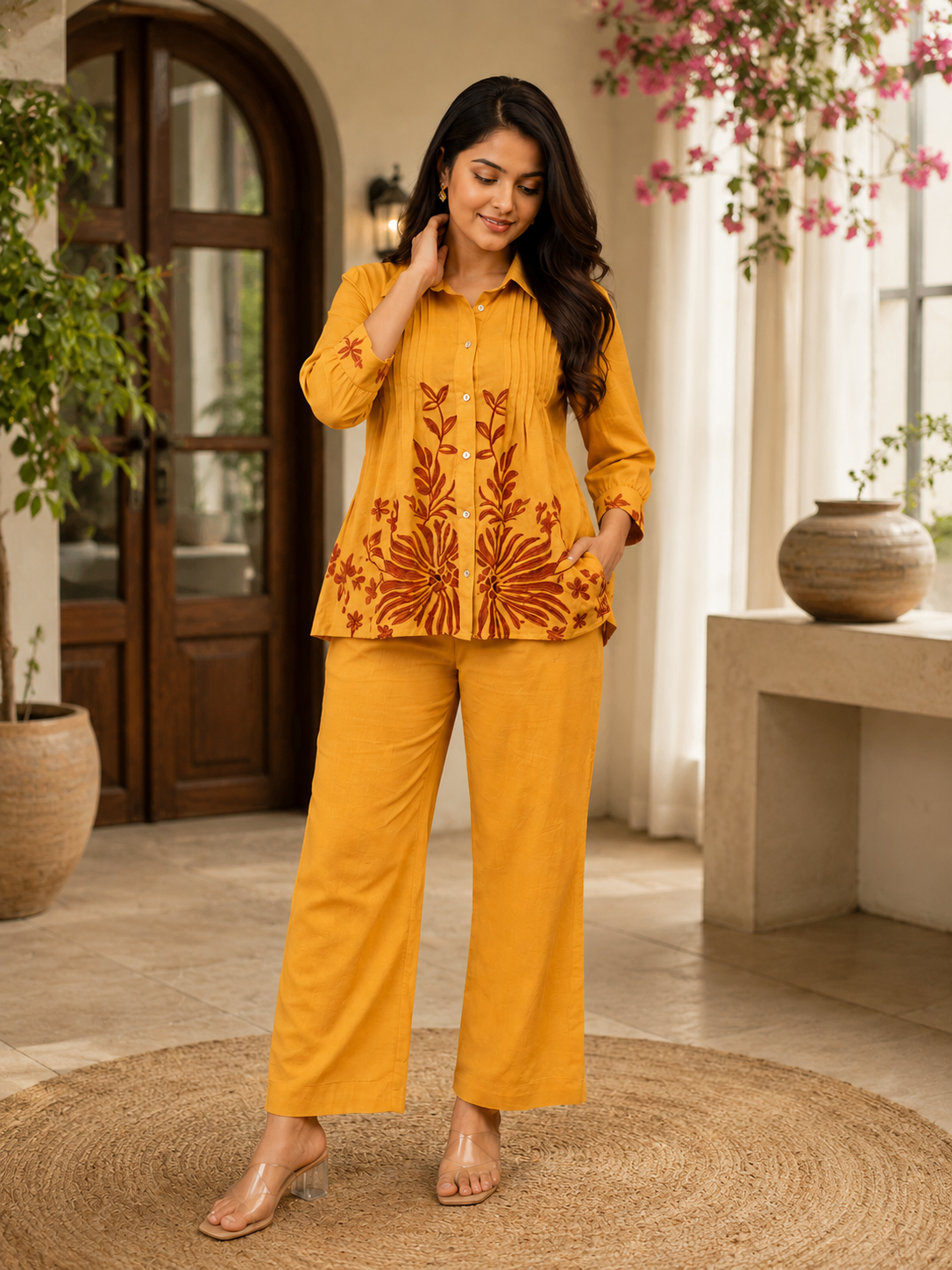 Trending Embroide Cotton Slub Co-Ord Set with Colla Top and Palazzo Pants