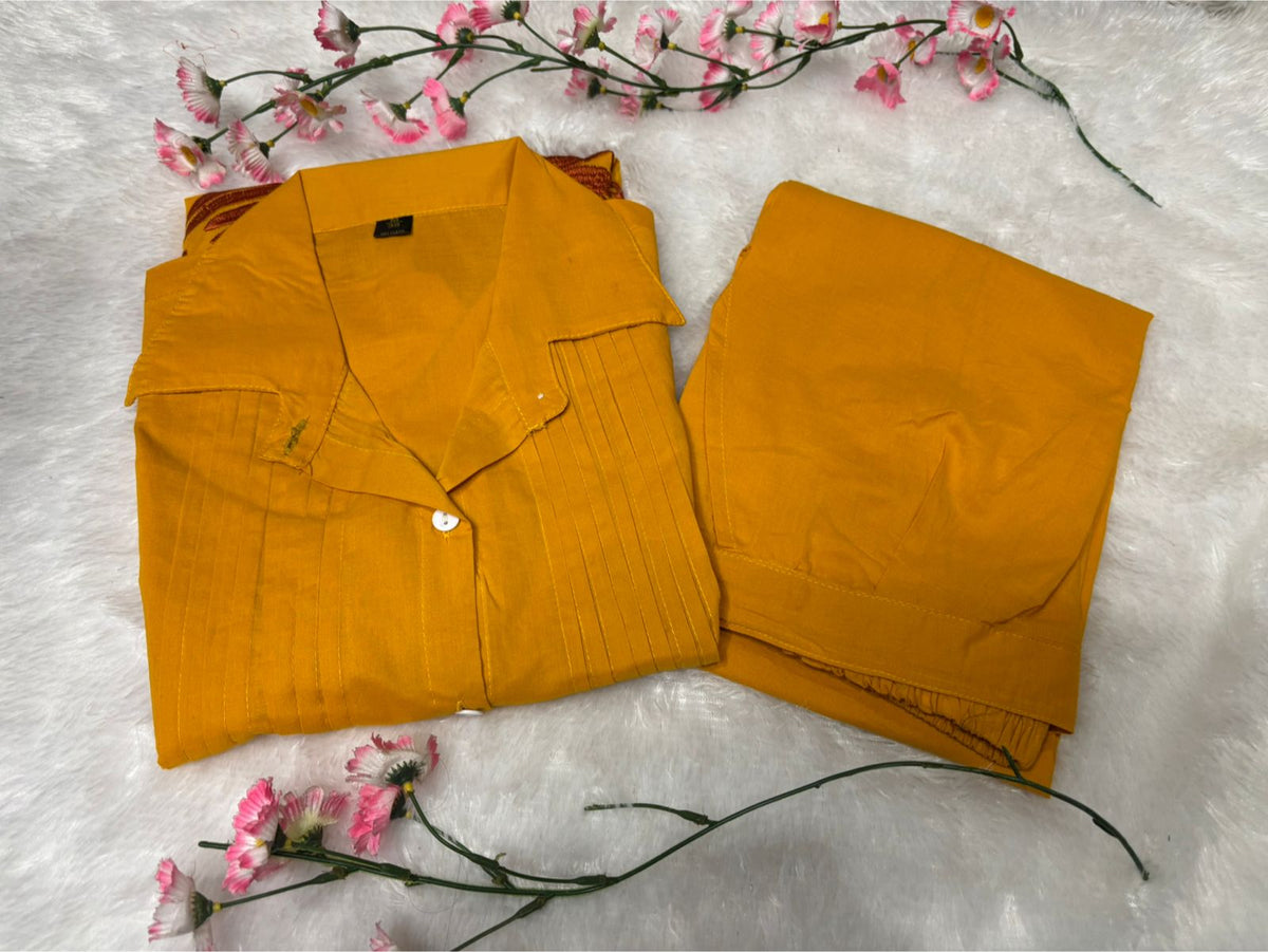 Trending Embroide Cotton Slub Co-Ord Set with Colla Top and Palazzo Pants