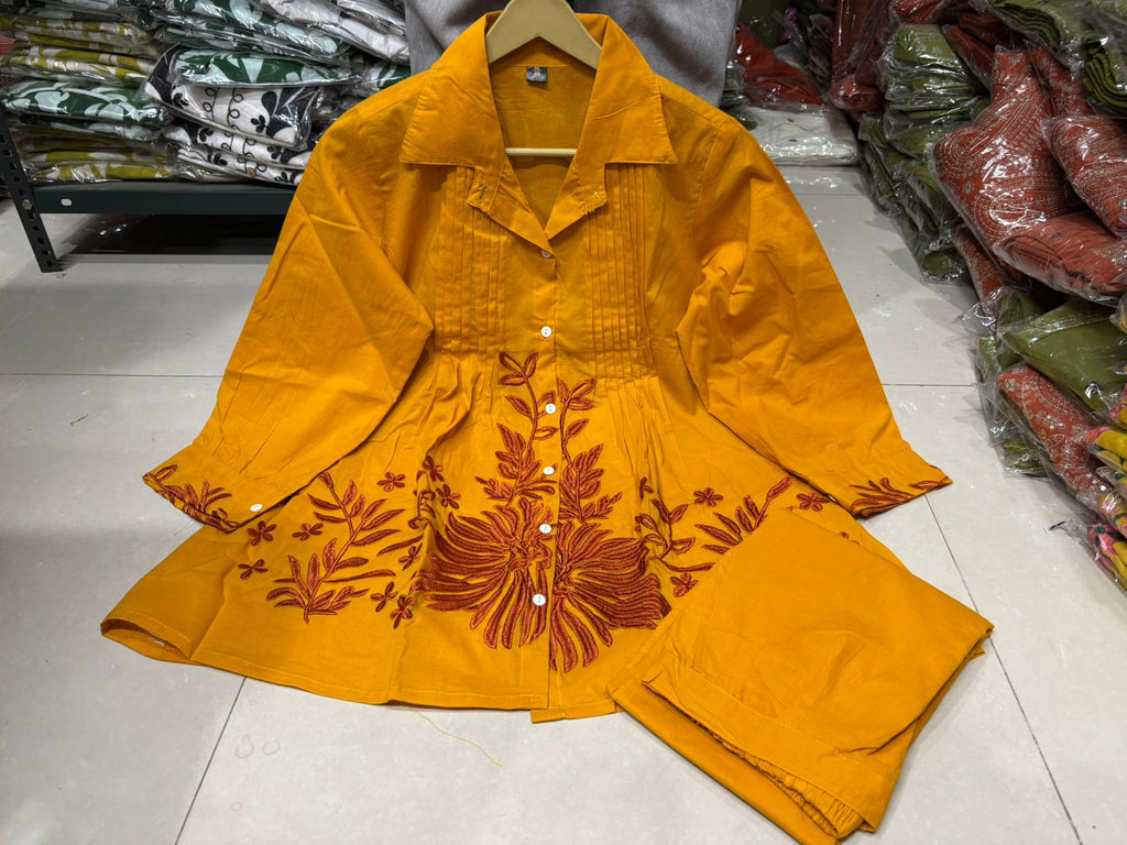 Trending Embroide Cotton Slub Co-Ord Set with Colla Top and Palazzo Pants