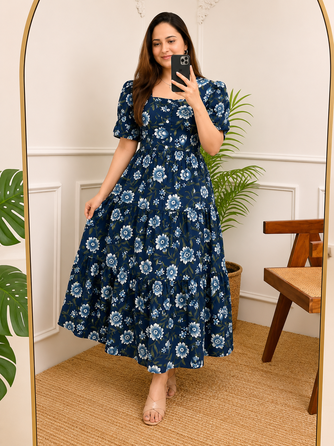 Trending Stylish Cotton Printed Square Neck Midi Dress