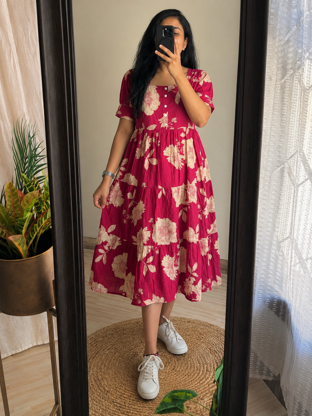 Trending Stylish Cotton Printed Square Neck Midi Dress