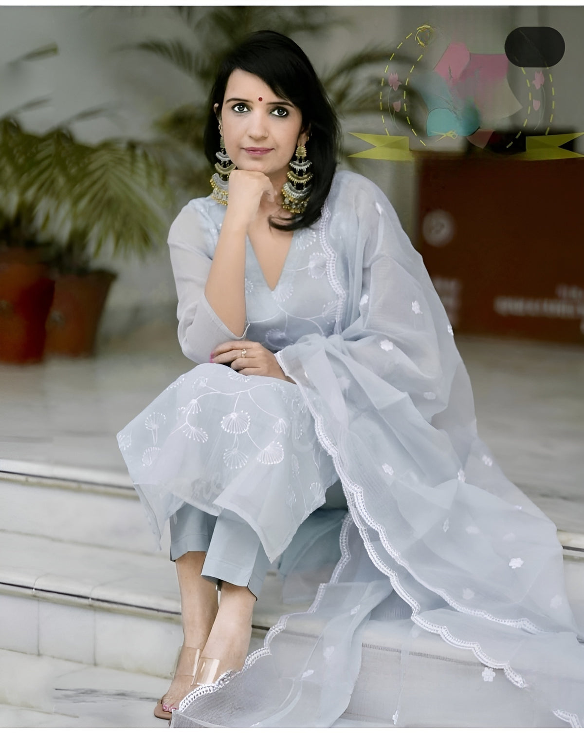 Women Stylish Embroide Kota Doriya Kurta Set with Cotton Lining Pants and Dupatta Ethnic Three Piece Suit