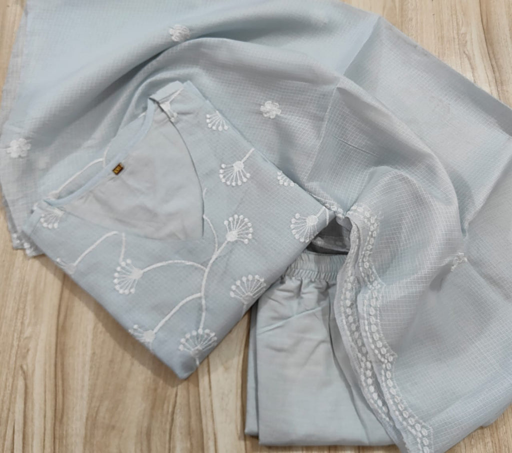 Women Stylish Embroide Kota Doriya Kurta Set with Cotton Lining Pants and Dupatta Ethnic Three Piece Suit