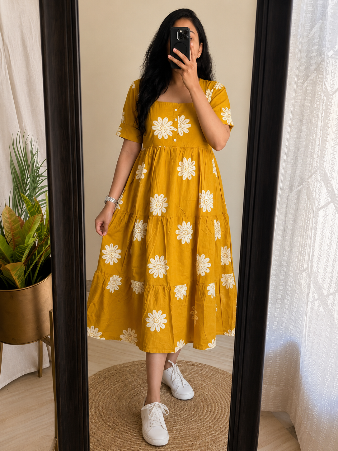Trending Stylish Cotton Printed Square Neck Midi Dress