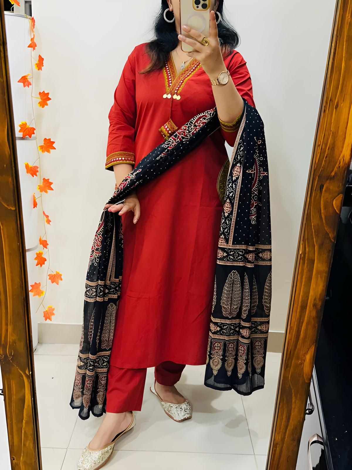 Women Stylish Cotton Kurta Pant Dupatta Set with Embroide Yoke and Ajrakh Dupatta