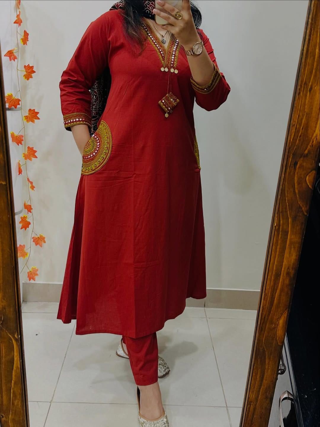 Women Stylish Cotton Kurta Pant Dupatta Set with Embroide Yoke and Ajrakh Dupatta