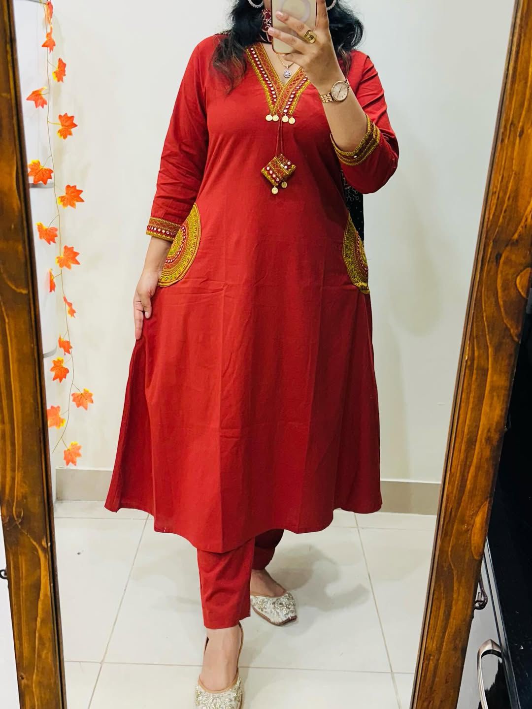 Women Stylish Cotton Kurta Pant Dupatta Set with Embroide Yoke and Ajrakh Dupatta