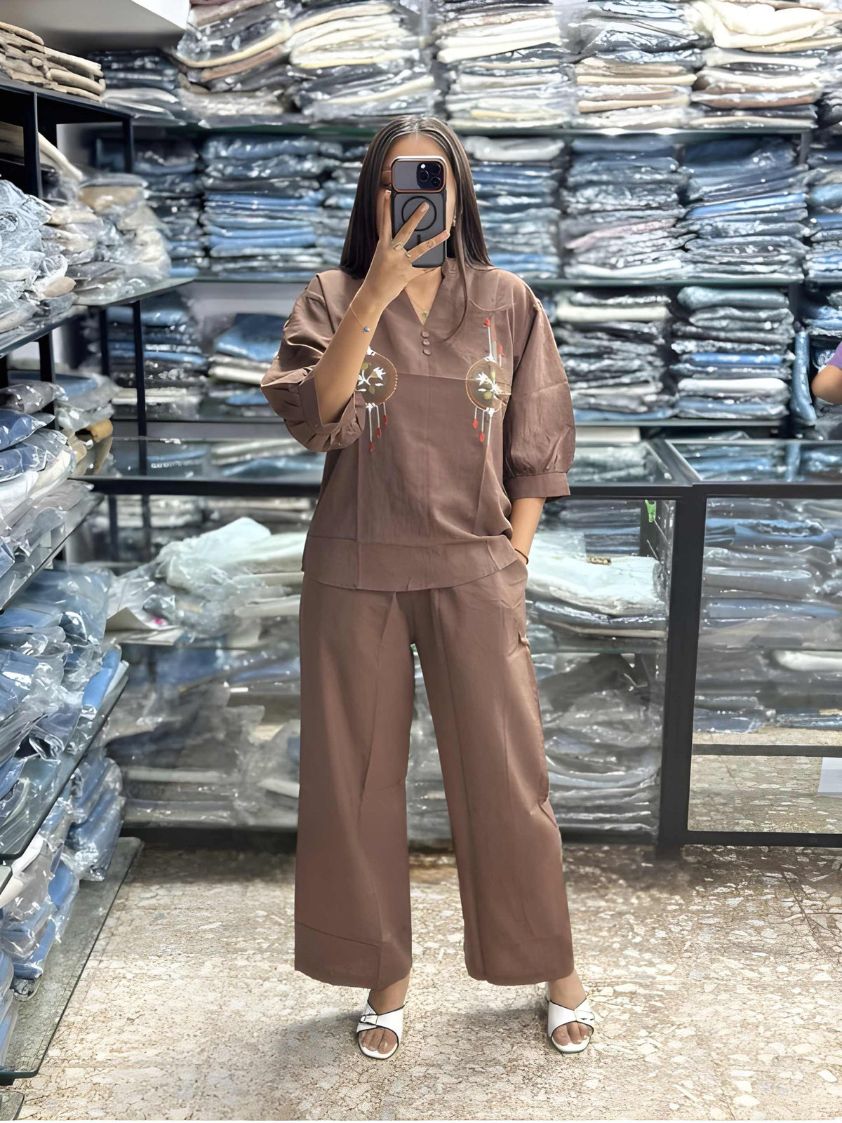 Women Embroide Cotton Co Ord Set with Wide Leg Pants