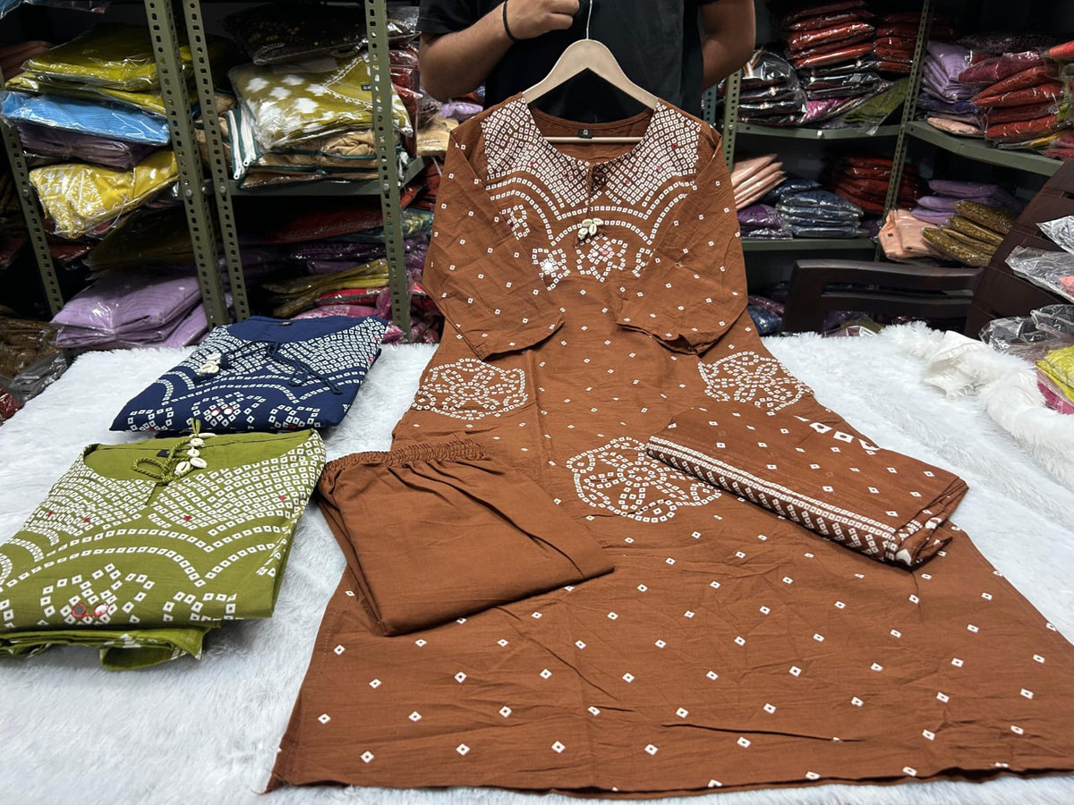Women Stylish Cotton Bandhani Print Kurta Pant Dupatta Set with Mirror and Kodi Work