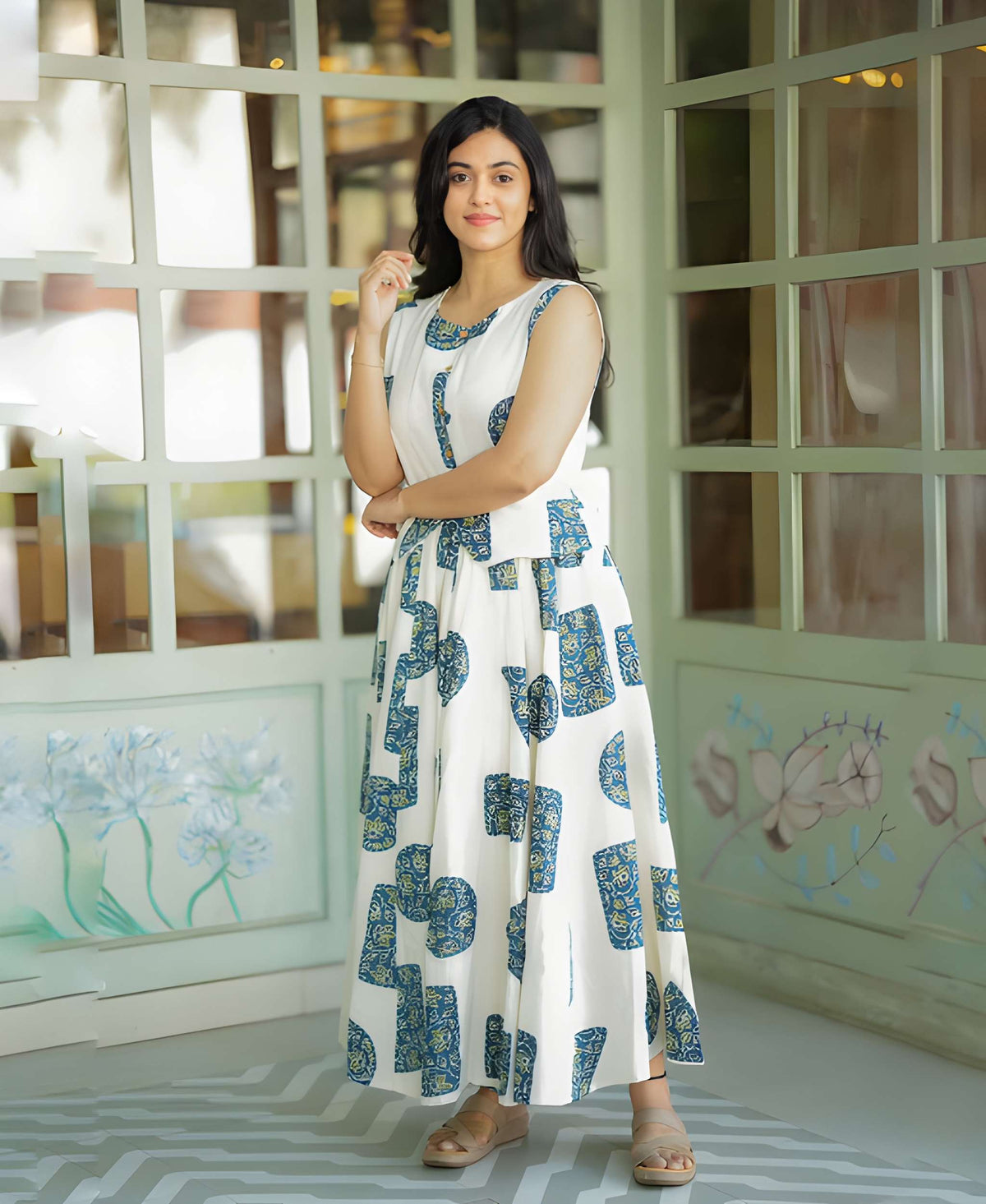 Women Stylish Cotton Co-Ord Set Sleeveless Button Detail Top with Printed Fla Skirt chic Ethnic Fusion Wear
