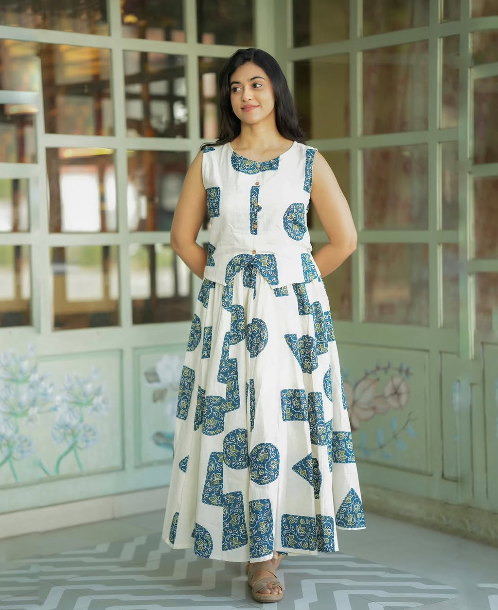 Women Stylish Cotton Co-Ord Set Sleeveless Button Detail Top with Printed Fla Skirt chic Ethnic Fusion Wear
