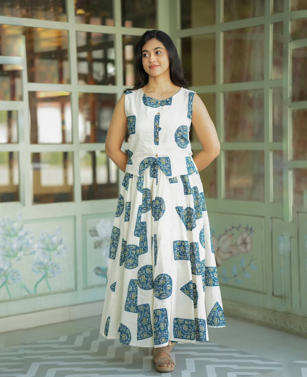 Women Stylish Cotton Co-Ord Set Sleeveless Button Detail Top with Printed Fla Skirt chic Ethnic Fusion Wear