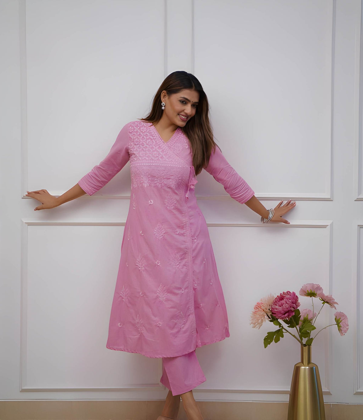 Women Chikankari Cotton Angrakha Kurta Pant Set
