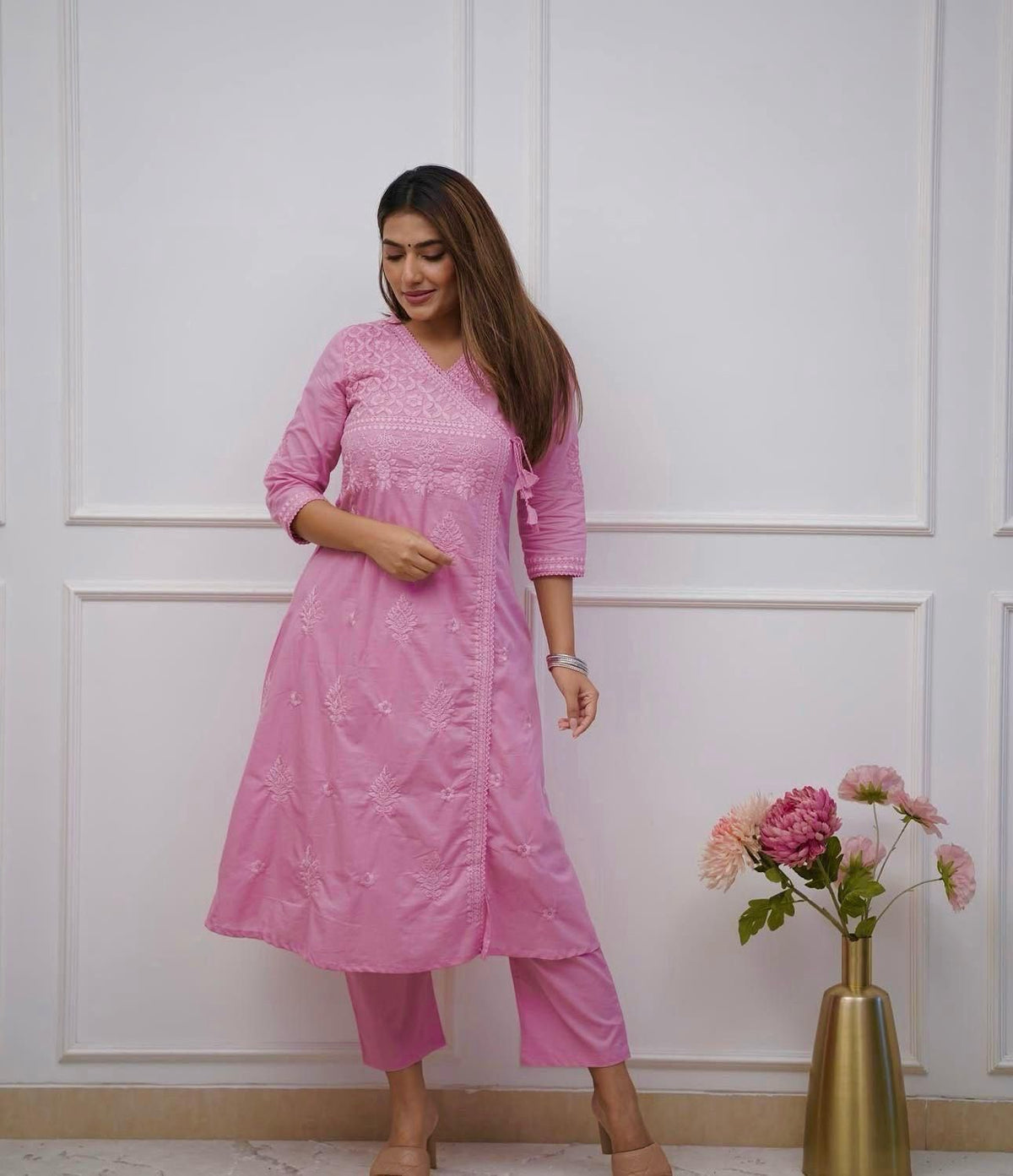 Women Chikankari Cotton Angrakha Kurta Pant Set