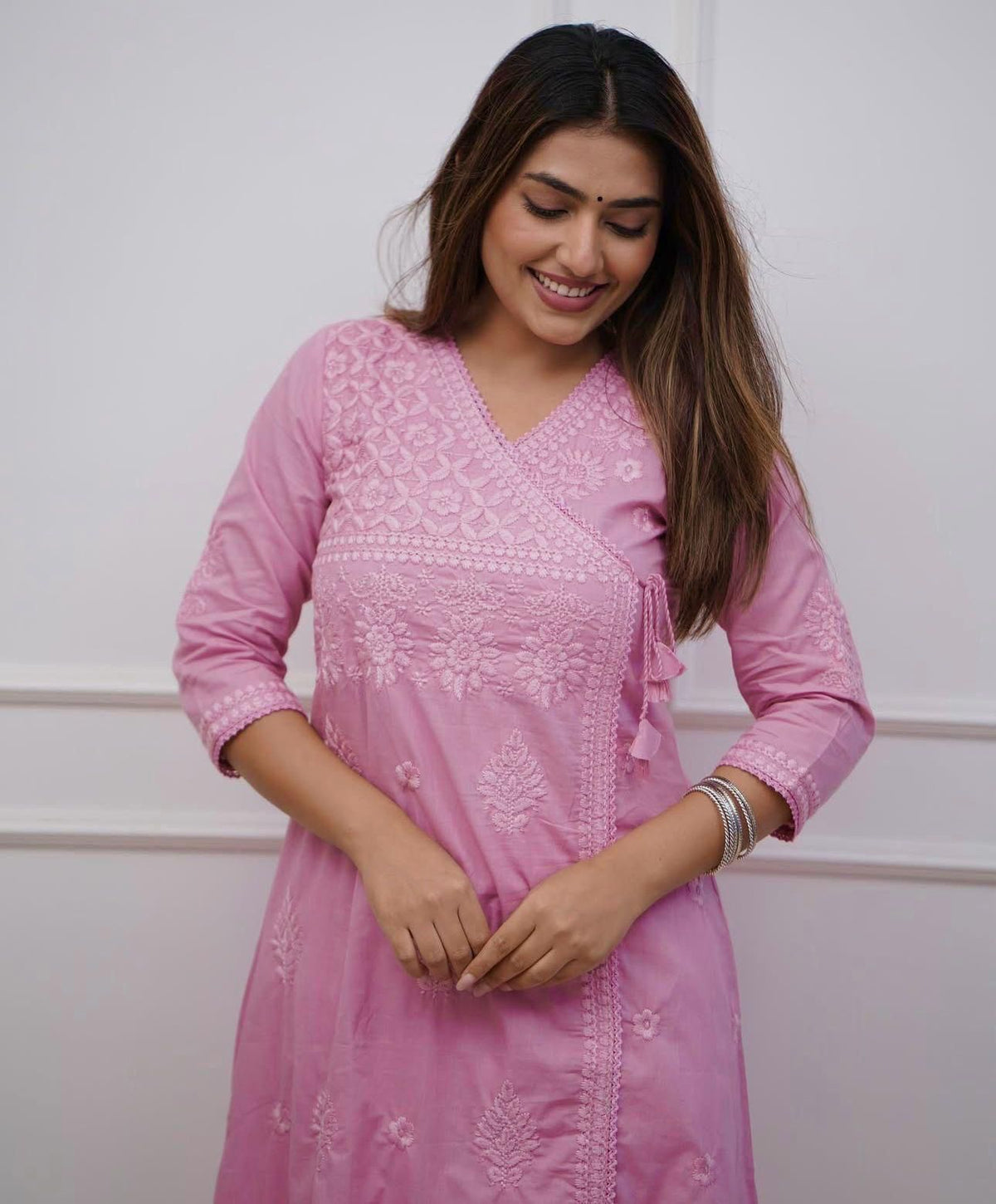 Women Chikankari Cotton Angrakha Kurta Pant Set