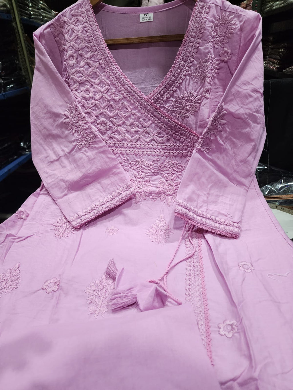 Women Chikankari Cotton Angrakha Kurta Pant Set