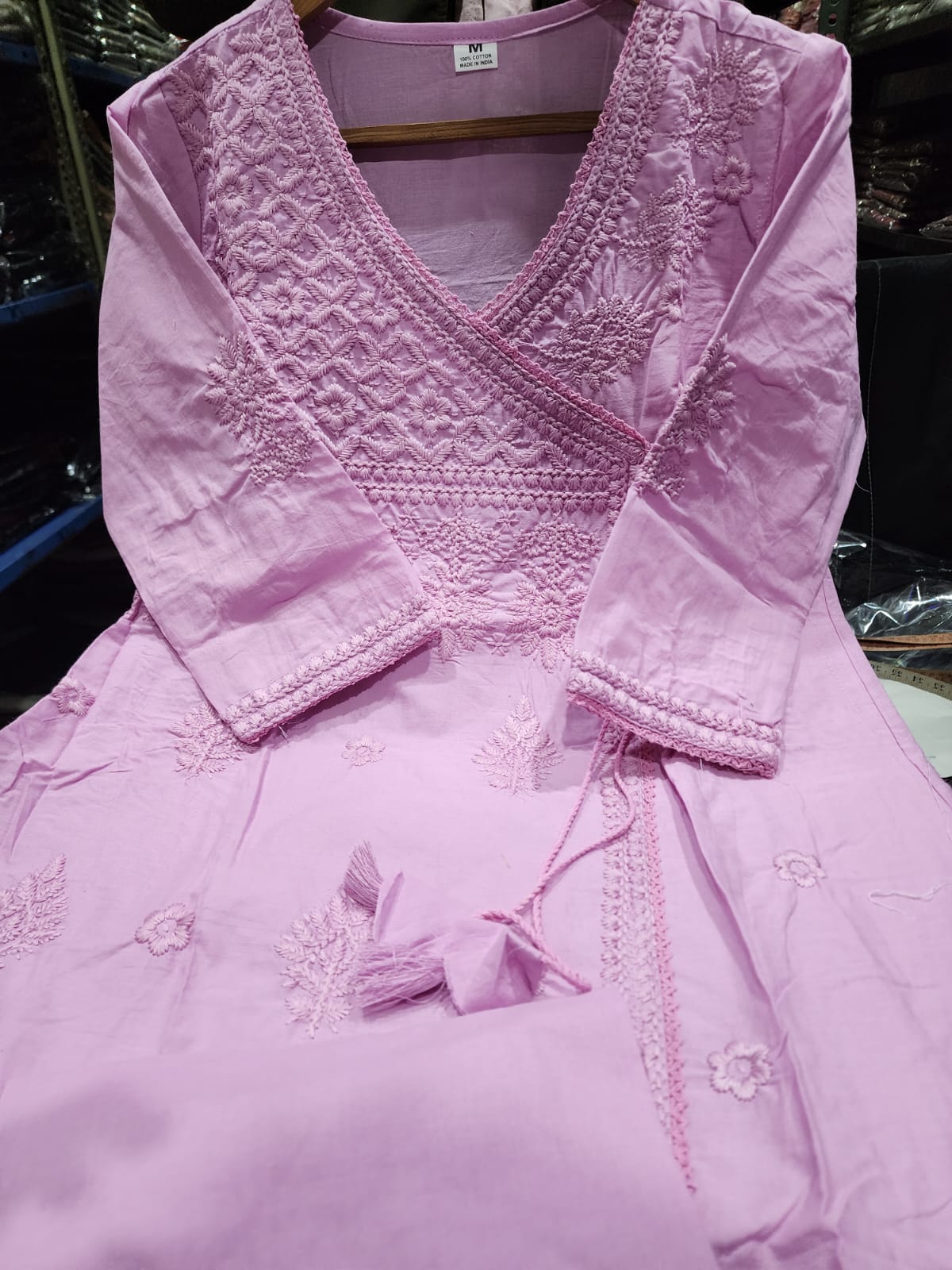 Women Chikankari Cotton Angrakha Kurta Pant Set