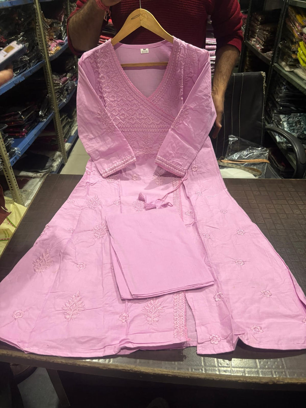 Women Chikankari Cotton Angrakha Kurta Pant Set