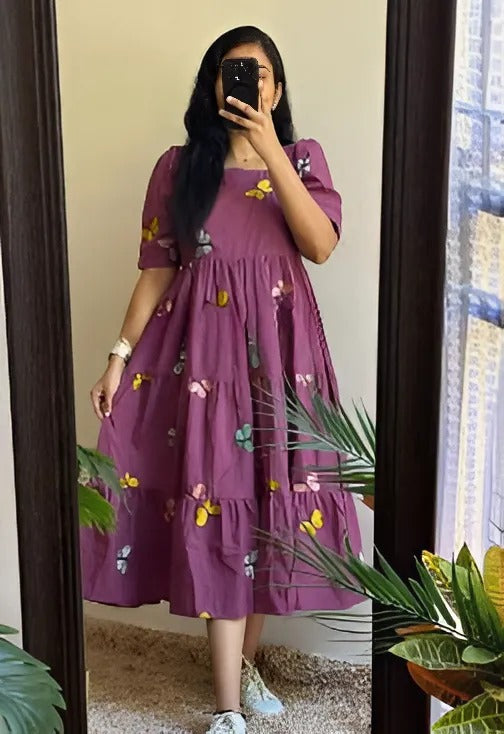 Wine Butterfly Print Cotton Kurti For Women