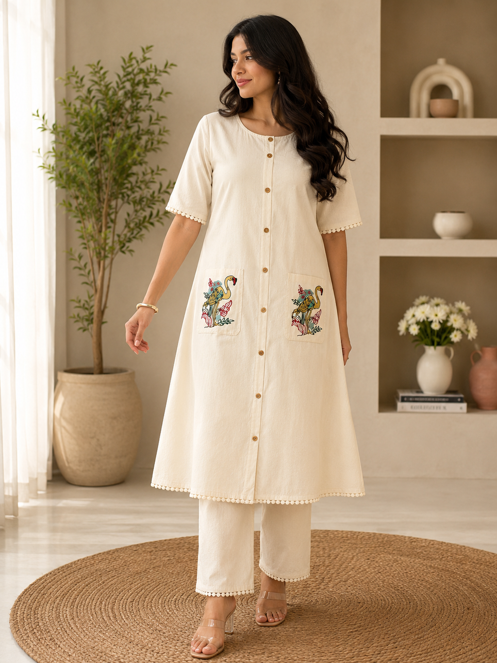 Stylish Trending Cotton Flex Hand Embroide Pocket A-Line Co-ord Set with Straight Pants