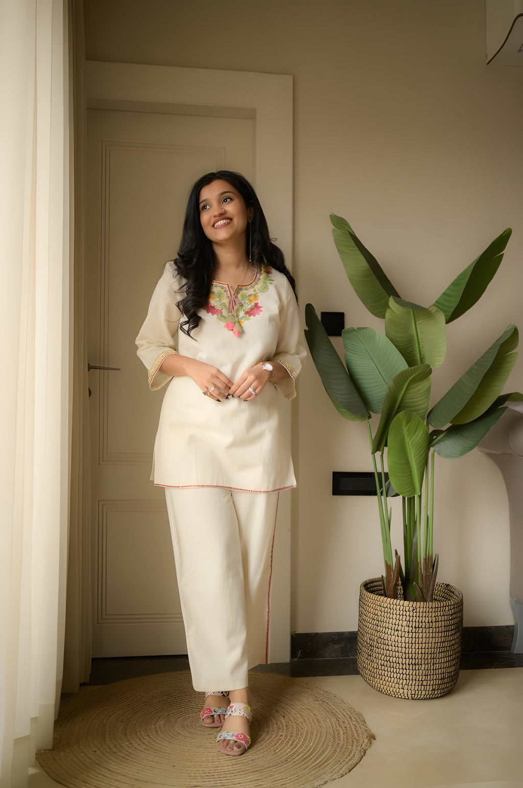 Stylish embroide co-ord set with tassel detailing and coordinated kurti and pant